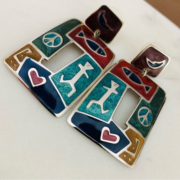 Edgar Berebi Enamel Dangle Stud Earrings Silver Tone Fish Man Peace Sign Heart - Picture 5 of 11